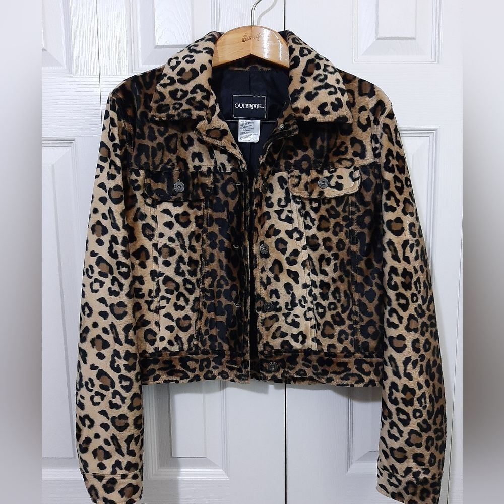 Vintage OUTBROOK Faux Fur Leopard Print Jacket Women's M Black Brown Tan…